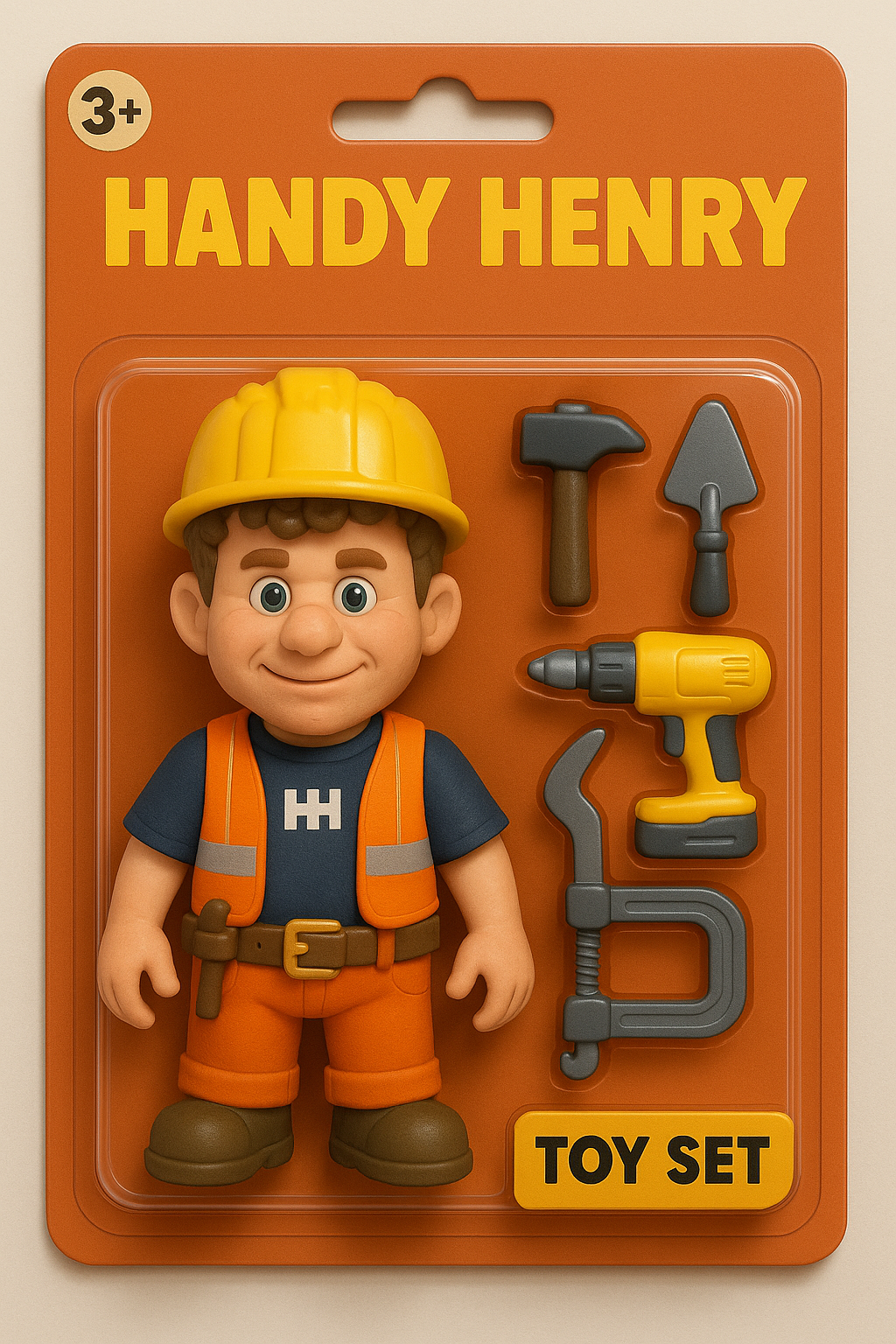 Toy set in packaging labeled Handy Henry, featuring a figure in a hard hat and tools including a hammer, trowel, drill, and clamp. For ages 3 and up.