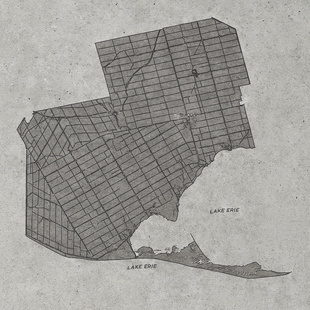 A black and white map outlines a region bordering Lake Erie, with grid lines dividing land into sections and labeled towns and roads.