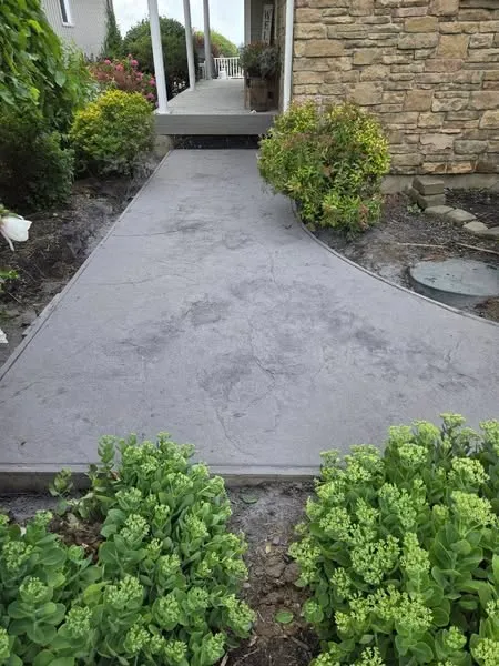 A concrete walkway bordered by green shrubs leads to a house with stone exterior walls and a covered porch.